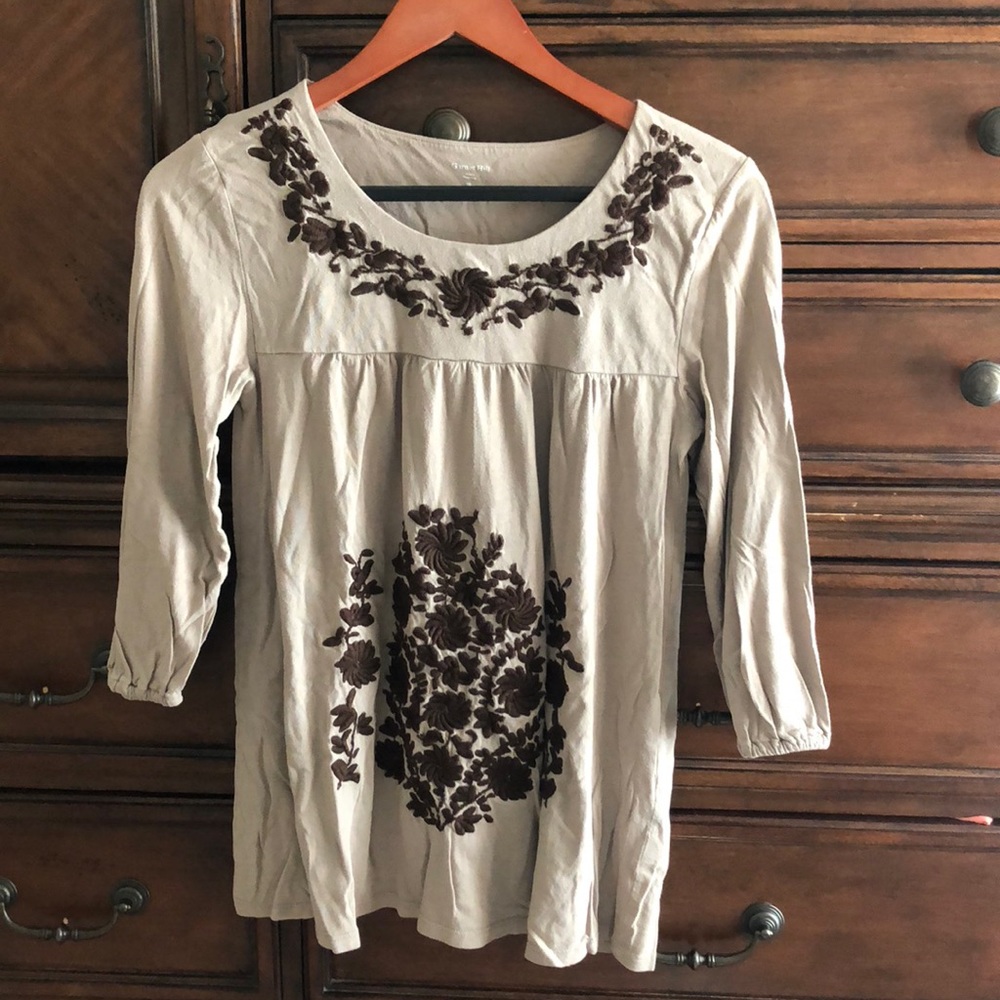 Garnet Hill embroidered top 3/4 sleeves Sz XS